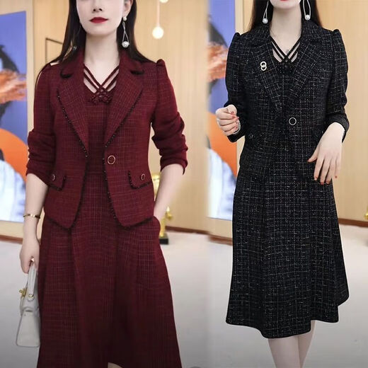 Doretin Single/Suit Madre de mediana edad Mother Set de dos piezas para mujeres Spring y otoño Vestido nuevo para mujeres Traje de moda para mujeres Spring 9859-Apricot Traje de color Broche Random M
