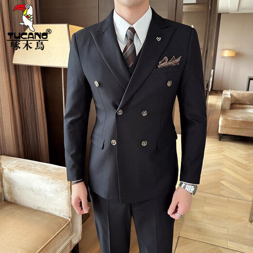 Woodpecker (TUCANO) lapel collar double-breasted suit men's slim suit striped small suit professional formal suit groom handsome wedding dress black one-piece suit XL