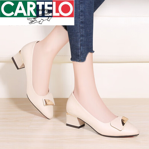 卡帝乐鳄鱼（CARTELO）中跟单鞋女粗跟软底鞋子夏2025年春秋百搭大码秋季妈妈鞋皮鞋 9892米色1 高跟5cm 34