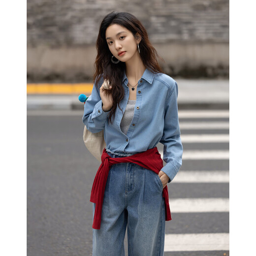 Demana intelligent denim spring simple lapel patchwork shirt comfortable hidden meat fashionable denim shirt women's top