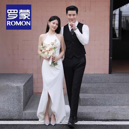 ROMON Groom Wedding Suit Men's Three-piece Korean Slim Tuxedo Dress Suit Business Professional Formal Black Suit Top + Vest + Pants + Shirt Gift Pack XL -48 120-135 Jin Jin equals 0.5 kg