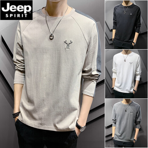 Jeep Spirit Cotton Herren-Langarm-T-Shirt 2025 Frühling und Herbst Neue Tops Trendy Lose Frühling und Sommer Dünnes inneres Basishemd DS643 White + DS692 White M (100-115jin [Jin gleich 0,5 kg]))
