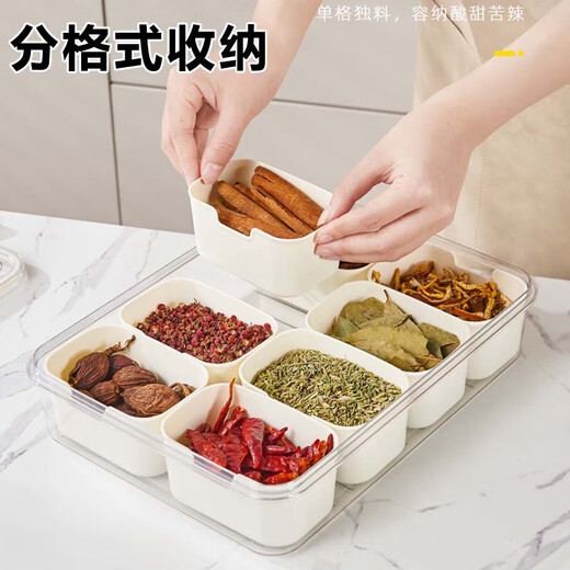 LOCKZI seasoning box set, special ingredient box for ice noodle stall, spice box, fresh box, divided condiment storage box, cream white-eight compartments 1L