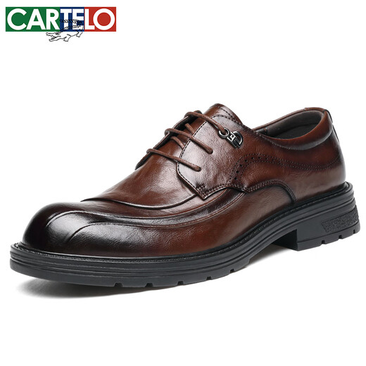 CARTELO British Men's Leather Shoes Thick Sole Increased Business Casual Shoes Round Toe Soft Leather Shoes Men's 9891 Brown 42