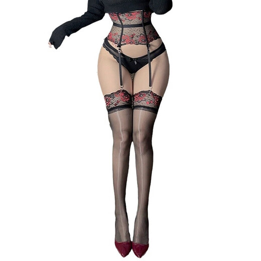 Ein sexy Spitze mit hohem Strumpfband mit einer grenzüberschreitenden europäischen und amerikanischen grenzüberschreitenden Spitze, Taillensiegel, schwarz und lila, gleichmäßige Größe