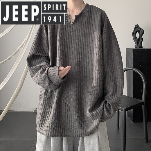 JEEP SPIRIT light luxury white striped collar long-sleeved shirt men's heavy loose American Henry collar bottoming shirt white M