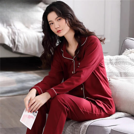 Catman (Miiow) Pyjamas en coton pur pour femmes Spring et automne à manches longues Version coréenne simple style couleur unie mince pour usure d'extérieur.