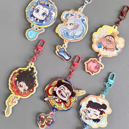 Keychain: Demon Child Gift Peripheral Bell Nezha acrylique Cartoon Star School Sac SEA Pendent 1 Set 6 [6 Modèles moyen]