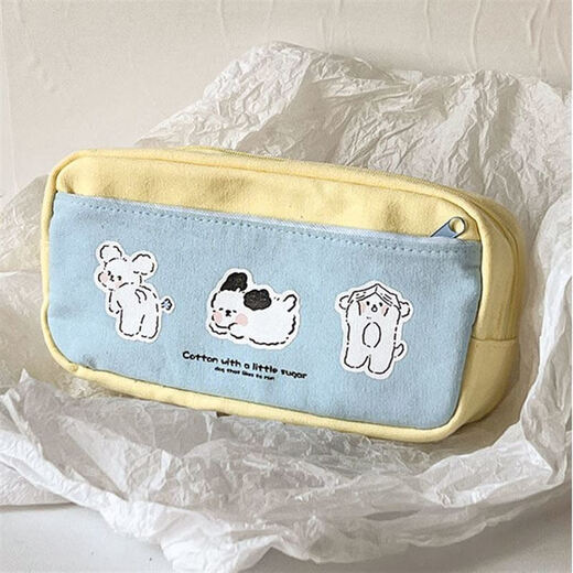 Canaan Songji Simple Japanese style ins large capacity color matching niche pencil case Middle and high school student exam portable pencil pencil case Yellow and blue splicing puppy pencil case Connect puppy pencil case