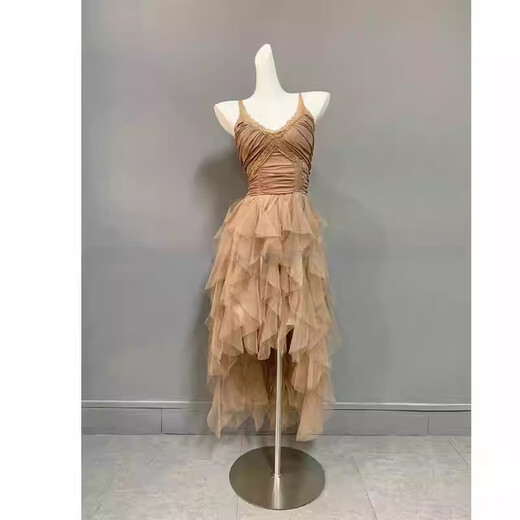 闪动少女（SHANDONGSHAONV）法式吊带连衣裙女感气质名媛生日party小礼裙网纱拖尾公主裙 咖色吊带连衣裙(版) M