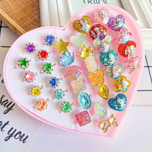 Maimed children's ring ring cartoon girl princess jewelry accessories toddler crystal gem toy colorful bright diamond small ring as shown in the picture fixed version 36 pieces (boxed)