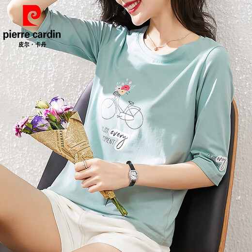 皮尔卡丹（pierre cardin）纯·棉中袖t恤女士宽松短袖半袖春秋装2025新款七分袖夏季上衣 W6172冰蓝+1XS328白色 M