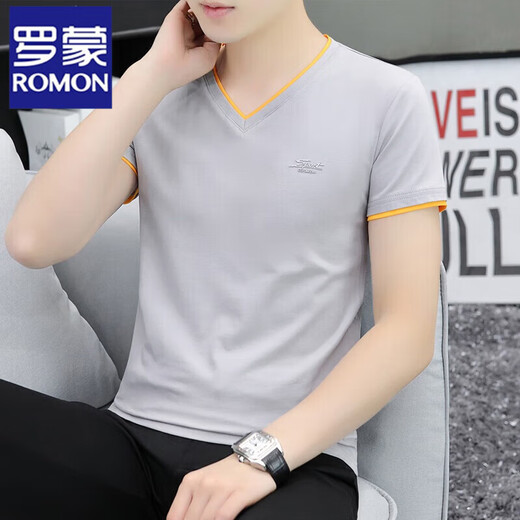 罗蒙（ROMON）青年棉v领半袖t恤男士夏季新款男士新款纯色鸡心领短袖t恤衫帅气 白色 QY691 M 90-斤
