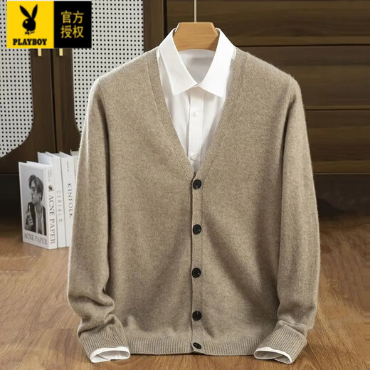 Playboy (PLAYBOY) wool cardigan men's V-neck outer wear knitted cardigan spring and autumn new casual loose large size men's sweater jacket trendy black without shirt L 130-150Jin Jin equals 0.5 kg