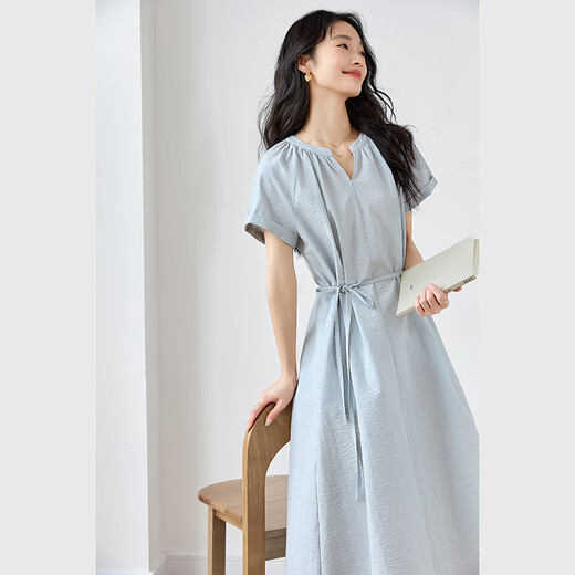 Vanciman light blue French V-neck dress for women 2025 summer new waistband lace slim casual long skirt M9733 light blue L