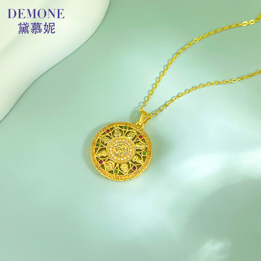 Damuni 18K gold pendant necklace Chinese style Eight Treasures Compass Retro AU750 Round Lotus Hetian Jade Pendant Gift for Women Eight Treasures Buddha Amulet 18K Yellow Single Pendant (chain not included)