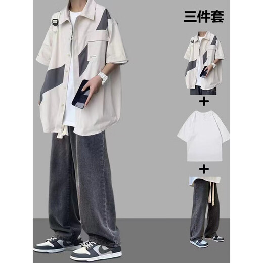 依慕琪拼接工装短袖衬衫男夏季休闲感一套搭配牛仔裤学生痞帅三件套 a3件装1283短衬衫黑色+短t+5 S