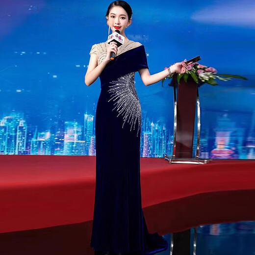 Xiaohanlu host dress female high-end blue velvet evening dignified atmosphere annual meeting fishtail skirt niche bel canto solo performance sapphire blue XL