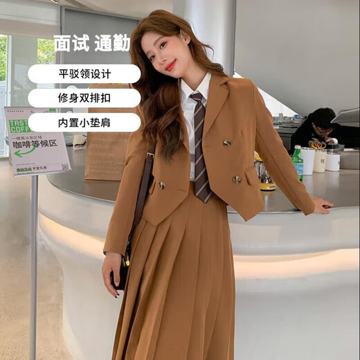 Customized (CECAI) college style gray suit for women 2025 spring new loose slim suit pleated skirt two-piece set black (suit + shirt + skirt) S