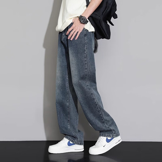 FOG SKY jeans men's summer thin loose American straight-leg casual pants for boys' trendy brand washing retro wide-leg pants 718-K870 retro blue M (recommended 110-130Jin [Jin equals 0.5 kg])