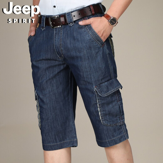 吉普（JEEP）牛仔短裤男多口袋工装裤直筒宽松时尚休闲薄款七分裤753 深蓝色 36