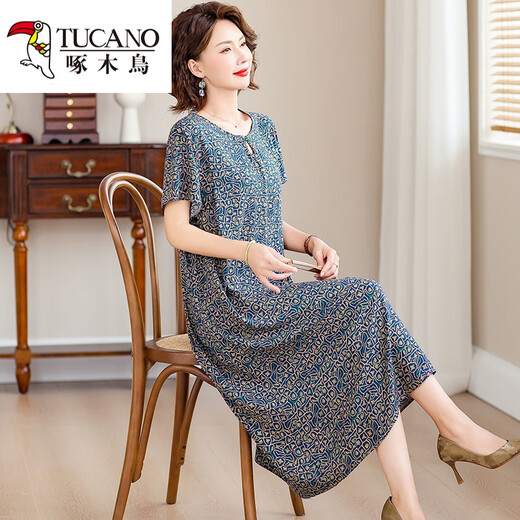 Woodpecker's new style of cotton silk dress for middle-aged mothers in summer, middle-aged and elderly high-end fashionable rich wife artificial cotton skirt No. 4 color 719# XL Recommended 90-110Jin [Jin equals 0.5 kg]