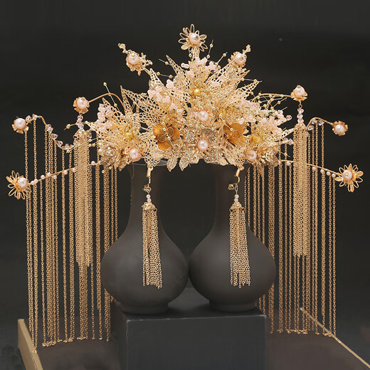 Hunter Bride Xiuhe tiara, ancient costume golden Chinese phoenix crown, tassel wedding hair ornaments, dragon and phoenix gown, hair crown accessories