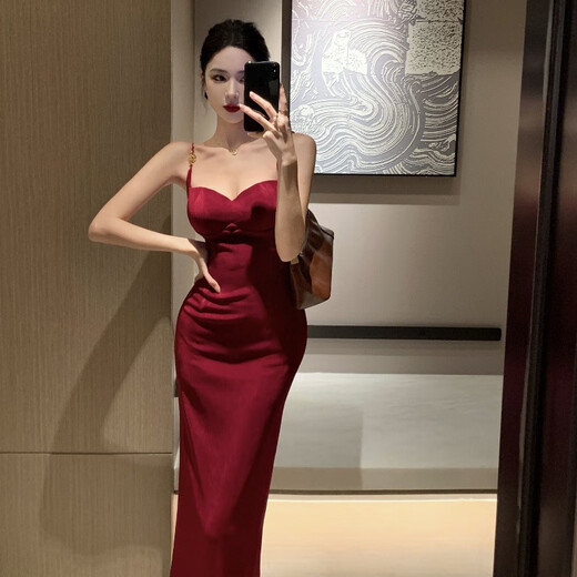 酷虎客晚礼服女2025新款性感法式醋酸针织吊带连衣裙女早春新款名媛御姐 9737黑色丝绒p S