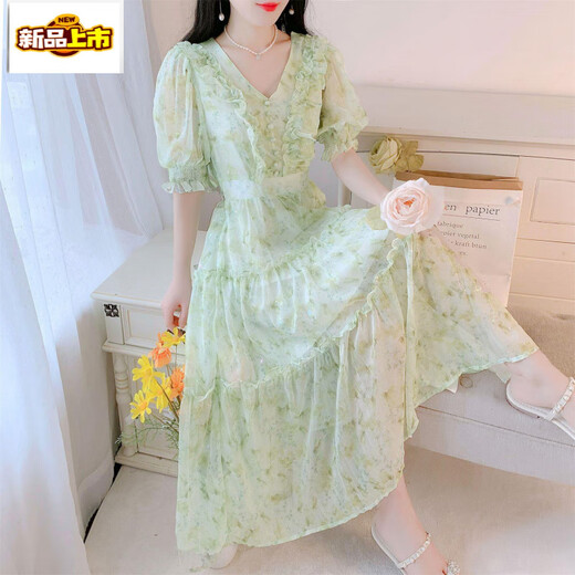First-Pad French Tea Break V-Ausschnitt Schönes Blumenchiffon-Kleid für Frauen Sommer 2025 Neue Temperament Taille-Hugging Fairy Long Rock Green 736# [Versionskleid] XL [Empfohlen 120-135jin [Jin gleich 0,5 kg]]]