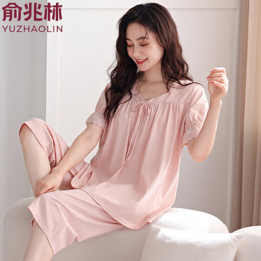 Yu Zhaolin Pajamas для женщин 2025 Новый летний стиль с грудной накладкой интегрированные чистые хлопковые укороченные брюки летняя тонкая домашняя одежда 695 Мягкая порошка M 160 Рекомендуемый вес 85-105 JIN [JIN равно 0,5 кг]