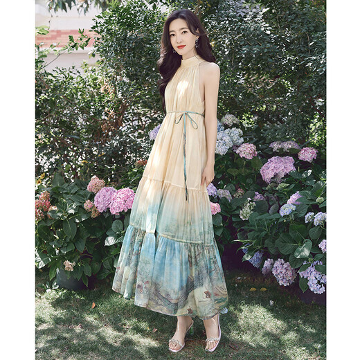 Silk Cypress House [gleiches Modell in Promi] A-Line-Halfterrock 2025 Sommer Neues Frauen-Fischgedruckte Kleid