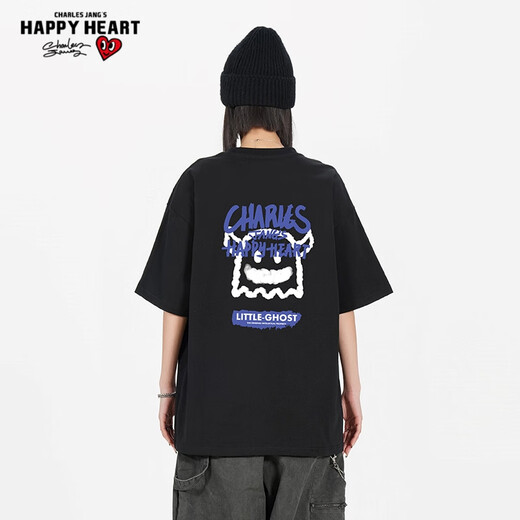 T-shirts Charles Peach Heart pour hommes et femmes, petit monstre imprimé en coton pur couple de bases de base à manches courtes, noir L
