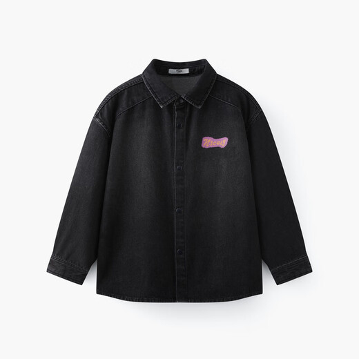 MQD MQD children's clothing children's shirt spring new lapel long-sleeved washed denim shirt fashion printed top carbon black 140