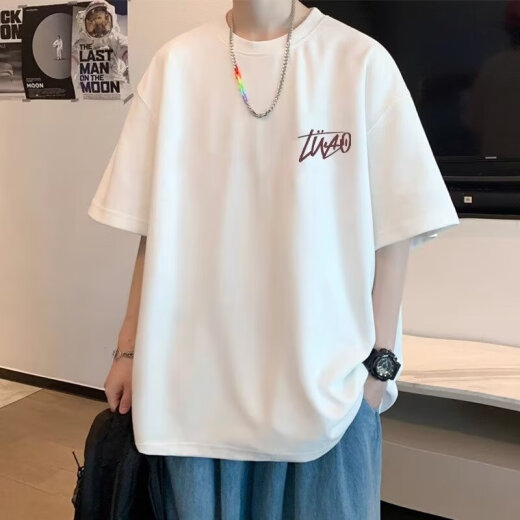 POUM Camiseta de manga corta Tendencia de verano para hombres Simple Cotton Top Hong Kong Style Loose Casual Trendy Brand Camiseta MSL-C671 Black L [sugerido 120-135 Jin [Jin iguala 0.5 kg]]