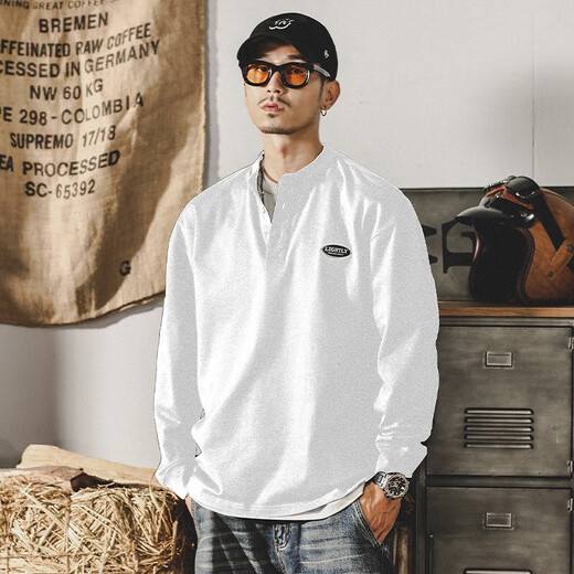 American retro heavy Henry shirt T-shirt for men's casual long-sleeved base shirt Ami Kaji work top men's clothing D502-Black Spring and Autumn Regular L Recommended 120-135Jin [Jin equals 0.5 kg]