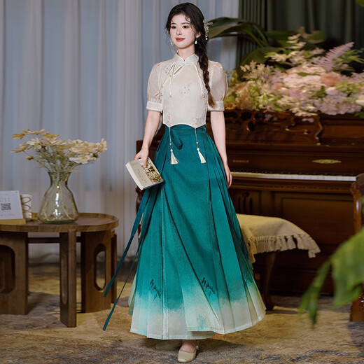 Le nouveau rétro chinois de Baihuizi, en ligne à manches courtes à manches courtes à manches courtes à manches courtes à manches chinoises à manches chinoises à manches chinoises, à la jupe à face à cheval 2418 Couleur d'abricot + 2319 Green + 12187 Blanc M M
