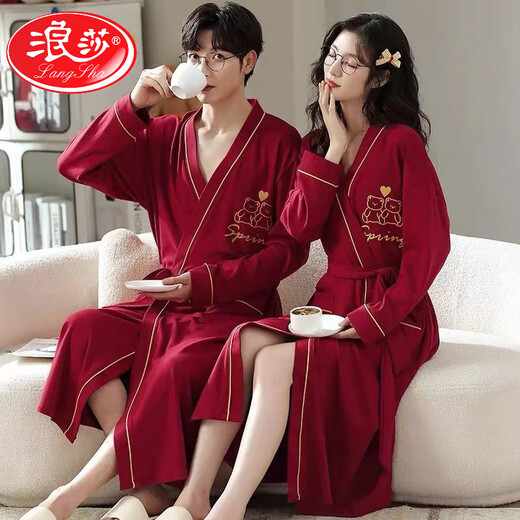 
LangSha couple's nightgown spring and autumn style wedding bride's bathrobe morning robe men and women wedding festive big red large size pajamas home clothing GHJ16834 XL men's style