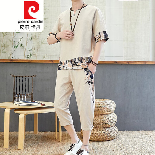 Pierre Cardin Chinesischer Stil Männer Tang Anzug Sommer Hanfu kurzärmeligte T-Shirt Retro-Stil Lose lässige große Kleidung Schwarz 687 Set Top + Hosen 2 Teile m