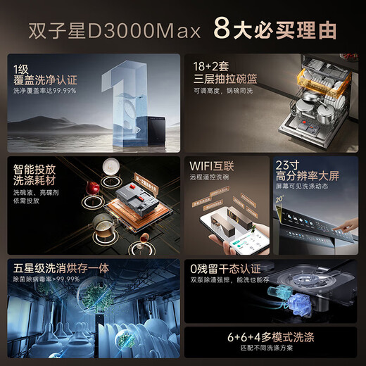 VATTI dishwasher Gemini new product National subsidy 20% independent dual-purpose embedded under the stove dishwasher official full-range washing and variable frequency five-star disinfection and drying super first-class water efficiency Gemini iD3000Max 18+2 sets of holographic color screen full-range dishwasher with integrated heating, drying and disinfection