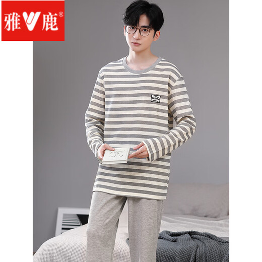 
Yalu Spring and Autumn Pajamas Men's Cotton Large Size Loose Korean Student Long Sleeve Set Can Be Wear Winter and Summer Home Suit ZY9906 L (Suggested-130Jin[Jin is equal to 0.5 kg])