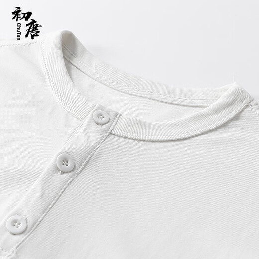 Early Tang heavyweight pure cotton long-sleeved T-shirt men's washed Henley round neck spring and autumn pullover clothes gray 2XL