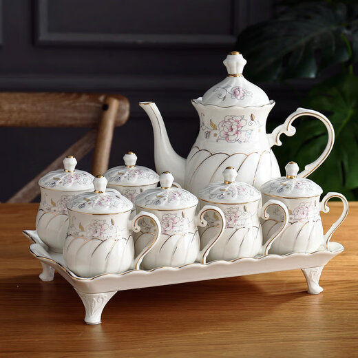 Jingdezhen high-end European water cup set, ceramic living room cup, family light luxury teapot, tea set, tea cup, household cup set, gold and jade brocade with 4 feet and 6 lids
