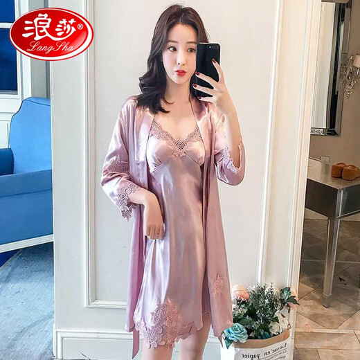 浪莎（LangSha）睡衣女夏性感冰丝薄款春秋蕾丝中长袖睡袍家居服吊带睡裙女两件套 1105酒红 M M