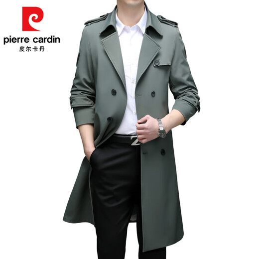 皮尔卡丹（pierre cardin）男士风衣长款2025春秋季新款商务西装领大衣休闲英伦风过膝外套男 豆绿 4XL 195 建议【185-195斤】