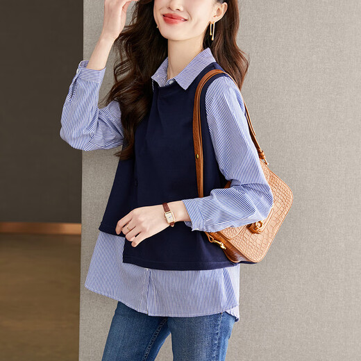 Yisijia 2025 Spring and Autumn New Blue Stripe Splicing Fake Two-piece Shirt Women's Design Casual Long-Sleeved Shirt Top Navy Blue S
