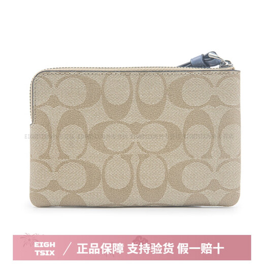 Entraîneur Corner Zip Sac à bracelet en cuir, portefeuille de monnaie de sac à main, porte-monnaie, paquet de base bleu beige féminin (sac + sac à poussière)