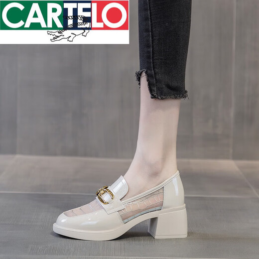 卡帝乐鳄鱼（CARTELO）真皮网面凉鞋女粗跟厚底2025年夏季镂空单鞋小皮鞋透气中跟乐福鞋 黑色升级版 37