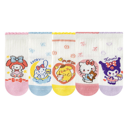 
Shengxian Summer New Product Girls Socks Thin Cotton Baby Socks Comfortable Breathable Cute Socks Children's Mesh Women's Socks QH674 Sanrio Net 5 pairs 3-5 years old, foot length 13-16CM