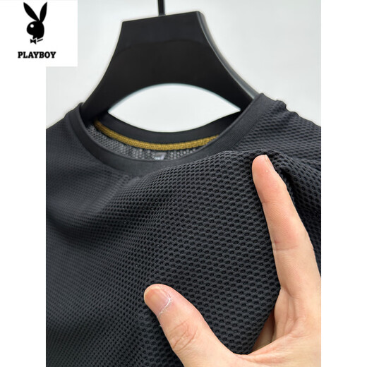 Playboy (Playboy) Ice Silk Mesh T-Shirt Herren kurzärmelige runde Hals Sommer-Eissensen-atmungsaktives schweißtreibendes schnell trocknendem Übungskörperhemd Top D6188 Brown M.