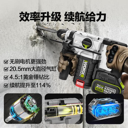 
WORX brushless impact drill high power heavy hammer rechargeable lithium battery electric hammer multi-function power tool WU3884.0 dual WU388+WU1934.0 dual electric + fast charge